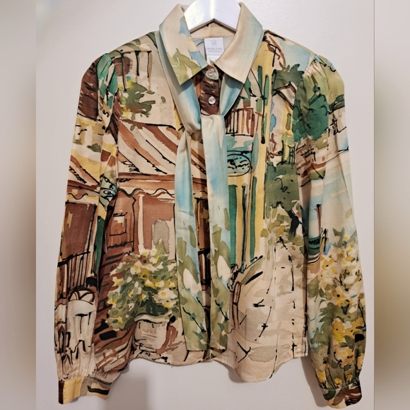 NEW Madeleine women's long sleeves Blouse. Size 6. Beige, blue,yellow, green. - Picture 1 of 7